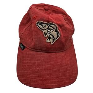 Cabela's fishing baseball cap in red, textured material with an embroidered fish